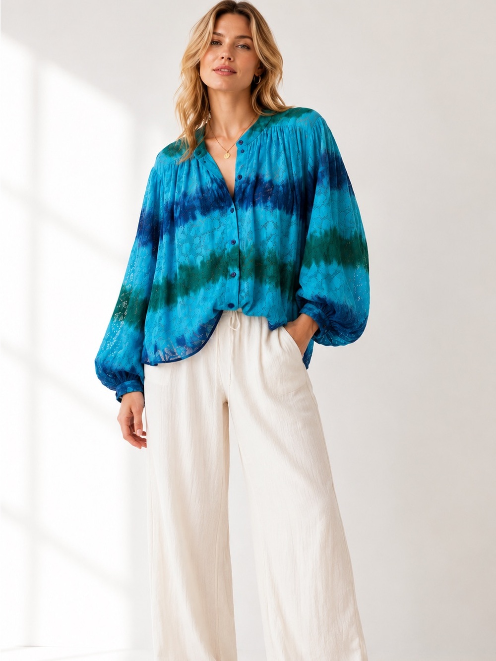NJ Couture Tie Dye Cotton Lace Blouse Blue Green Oversized Balloon Sleeve OS
